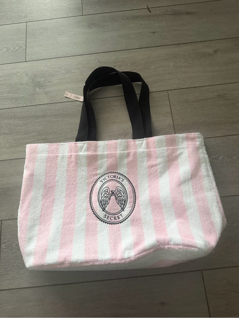 Victoria's Secret Pink & White Striped Logo Tote with Black Handles